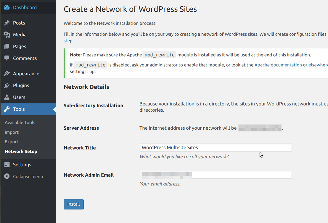 Install a WordPress Multisite – Settings page “Create a Network of WordPress Sites”